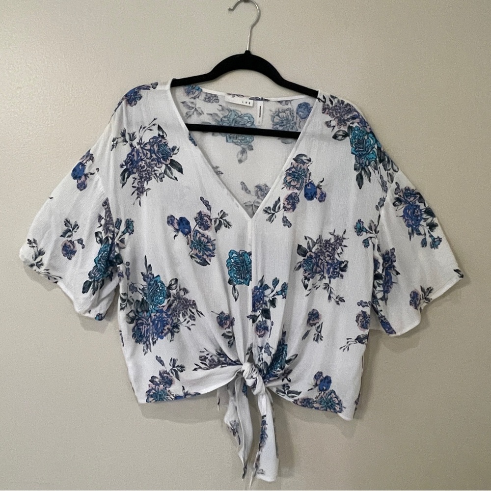 LUQ Floral Knot-Front Blouse - White and Blue